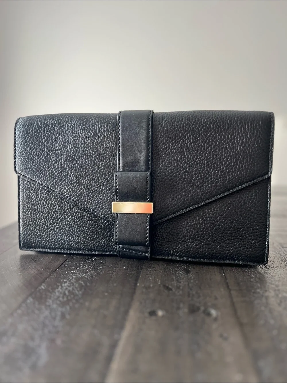 kate spade Black Pebbled Leather Envelope Clutch with Gold Accent